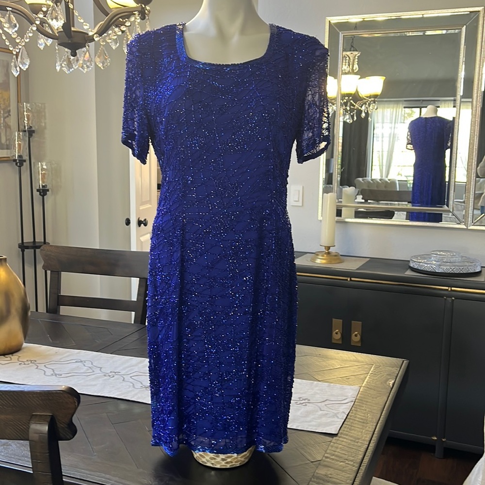 Vintage Black Tie Oleg Cassini Blue Beaded Dress Size 8 💙